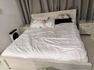Queen size bed frame with two bedside tables - and dressing table and memory foam medical mattress