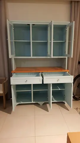 Mint green Wooden Display Cabinet with Glass Doors and Drawer - Good Condition