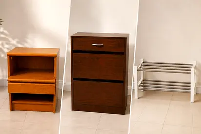 Three-piece bedroom furniture set: bedside table, shoe cabinet, and wooden rack