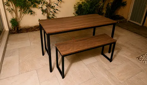 Wooden Dining Table with Matching Bench - Modern Industrial Style