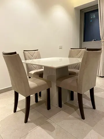 4-Seater Modern Back Painted Glass-Top Dining Table with Upholstered Chairs