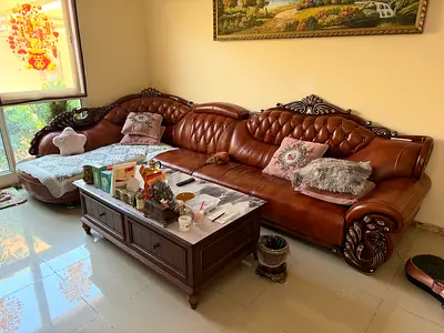 Large Brown Leather Carved 4-Seater Sofa Set
