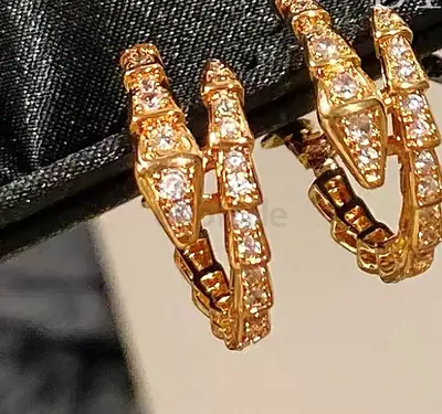 Gold plated Finish Snake Hoop Earrings with Clear Stones, bulgari serpanti style