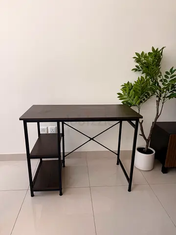 Compact black and brown metal frame study desk with shelving and chair - like new