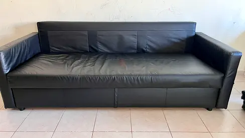 Black leather 3-seater sofa, good condition