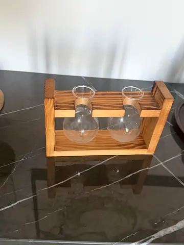 Wooden stand with two glass beakers (decorative/serving)