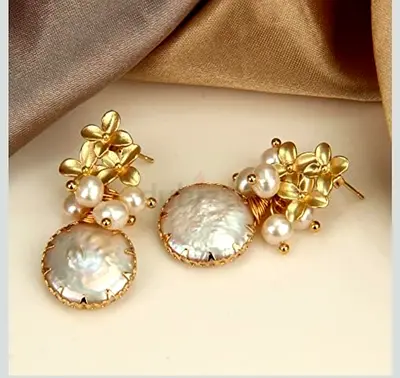 Gold-tone Floral Pearl Drop Earrings - Mother of Pearl Design