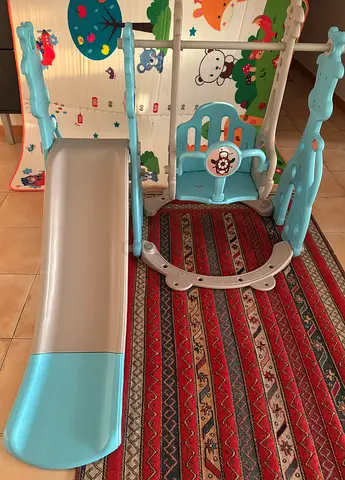 Kids indoor slide and swing set — light blue, good condition