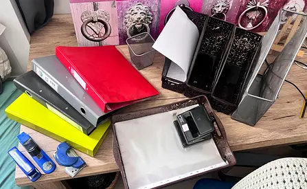 Used office stationery bundle — binders, folders, stapler, organizers