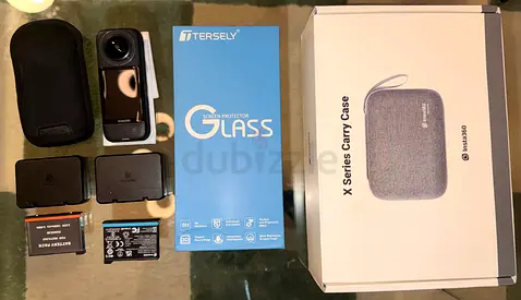 Insta360 X3 action camera with accessories (2x cases, 3x batteries, glass protector)