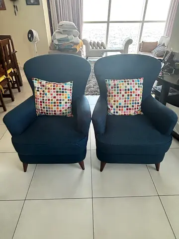 Pair of Navy Blue Upholstered Accent Chairs with Cushions