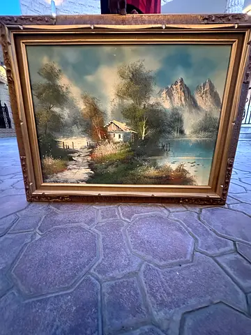 Framed Landscape Oil Painting with Ornate Gold Frame