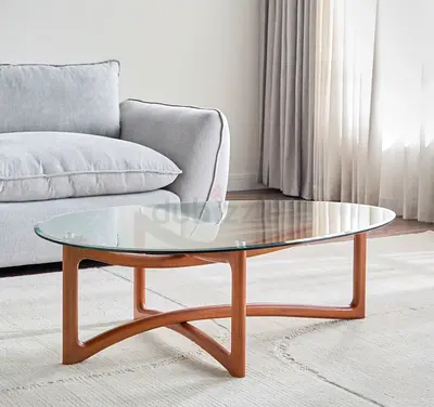 Glass Top Coffee Table with Wooden Base - Midcentury Modern Style
