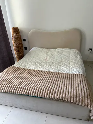 Queen upholstered bed frame with headboard - light beige