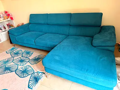 Blue L-shaped Fabric Sofa with Chaise - Good Condition