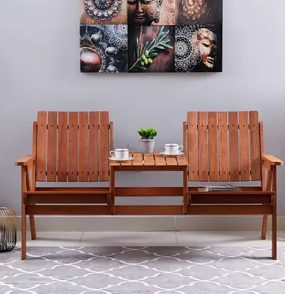Outdoor 2 seat bench with table. 2 sets