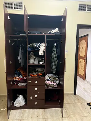 Used 4-Door Dark Wood Wardrobe with Drawers - Good Condition