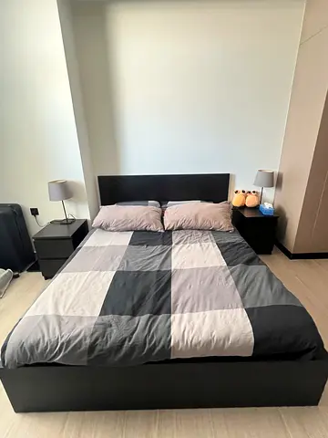 Modern Black Double Bed Frame with Matching Nightstands with mattress