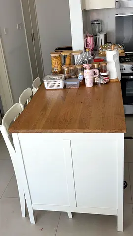 Modern White Kitchen Island with Wooden Top 3 Bar High Chairs
