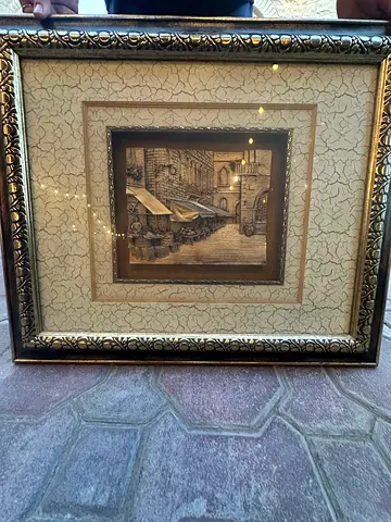 Framed Vintage Etching of European Street Scene