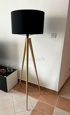 2 x Tripod Floor Lamp with Black Drum Shade - Wooden Legs