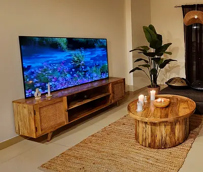 Rustic Floating Media Console/Coffee Table/Sofa/Decorative Bowl/Pendant Light/wall art/vase/tree