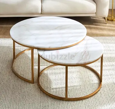 Set of 2 Round Marble-Top Nesting Coffee Tables with Gold Frame