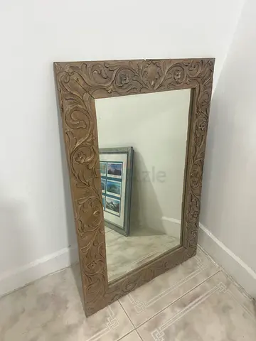 Large Carved Wooden Wall Mirror - Rustic Floral Frame 60 x 90 cm