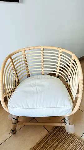 IKEA Rattan Armchair with White Cushion - Light Natural Finish