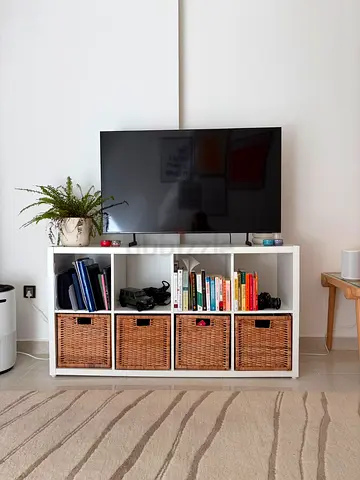 White Storage TV Unit with 4 Wicker Baskets