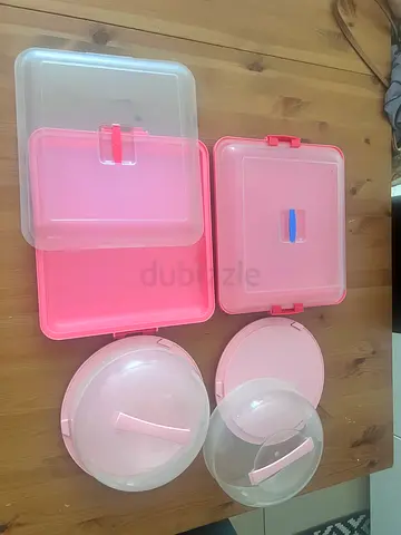Set of pink plastic cake carriers and storage boxes - lightly used