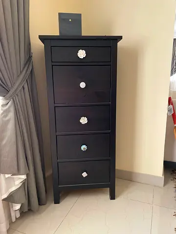 Tall narrow 5-drawer dark wood chest - good condition