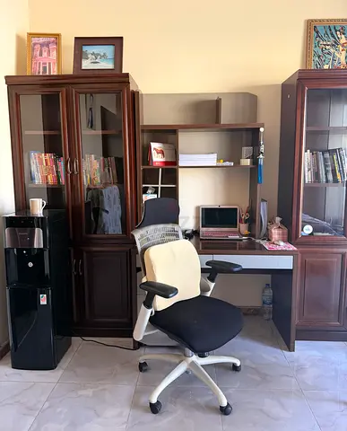 Wooden Home Office Desk with Matching Bookcases and Ergonomic Chair