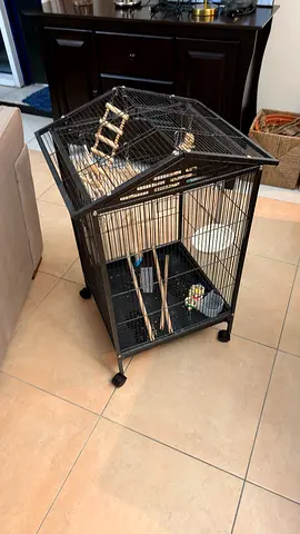 Large Black Bird Cage on Wheels with Perches and Accessories