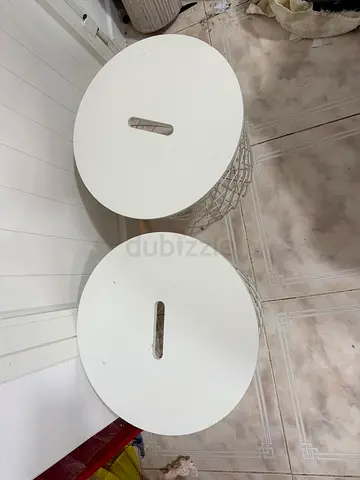 Pair of small white round wooden stools/storage baskets