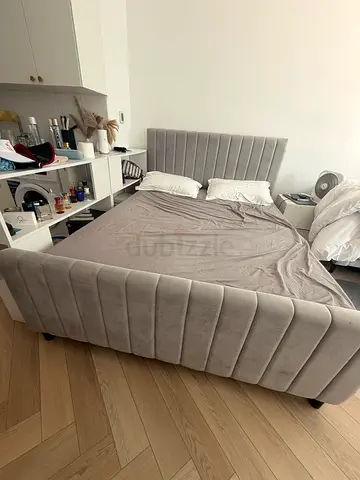 Upholstered Grey Double Bed Frame with Padded Headboard