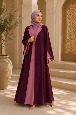 Elegant Two-Tone Abaya / Long Modest Dress - Plum and Dusty Rose