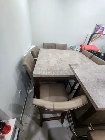 Marble-top Dining Table with Upholstered Chairs (Set) and Bar + Bar Chairs - Good Condition