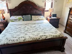 Solid American dark wood walnut superking bed with matching nightstands, dresser and mattress