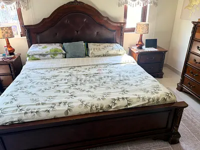 Solid American dark wood walnut superking bed with matching nightstands, dresser and mattress