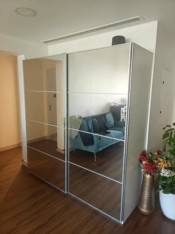 IKEA PAX mirrored sliding door white wardrobe - 2-door, silver frame, excellent condition