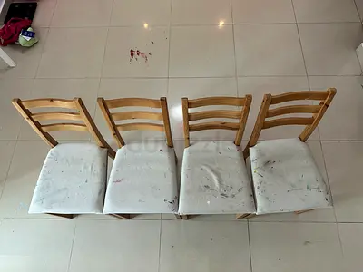 Set of 4 Wooden Dining Chairs with White Upholstered Seats (Used)
