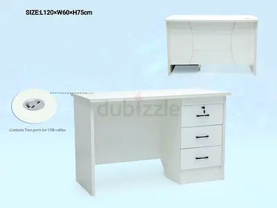 White Office Study Desk with 3 Drawers and USB Ports - L120 x W60 x H75cm