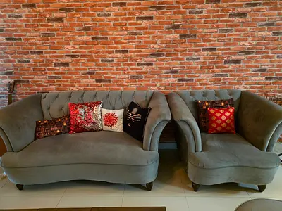 8 seater curved velvet sofa set — light grey/green, good condition