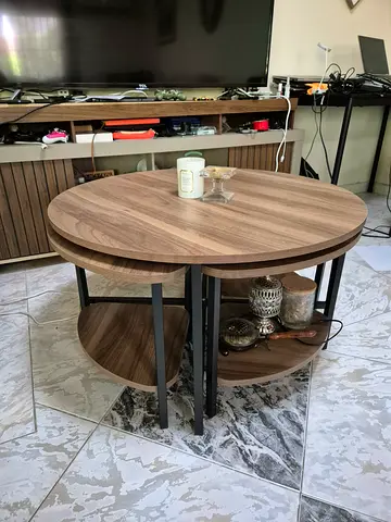 Round Wooden Side Table with Lower Shelf - Set of 2