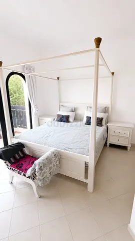 White Four-Poster Double Bed with Two Bedside Tables - Good Condition
