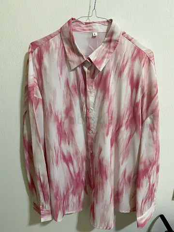 Pink and white button up shirt blouse size L long sleeve