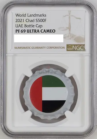 NGC-graded 2021 Chad UAE Flag Bottle Cap PF69 Ultra Cameo - World Landmarks , Silver