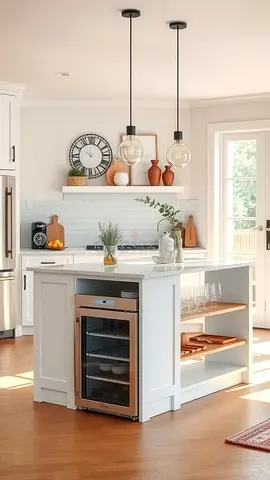 Modern white kitchen island with storage and open shelving