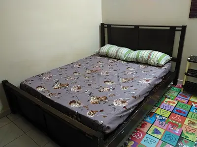 Used Double Bed Frame with Headboard  Footboard - Dark Wood/Metal